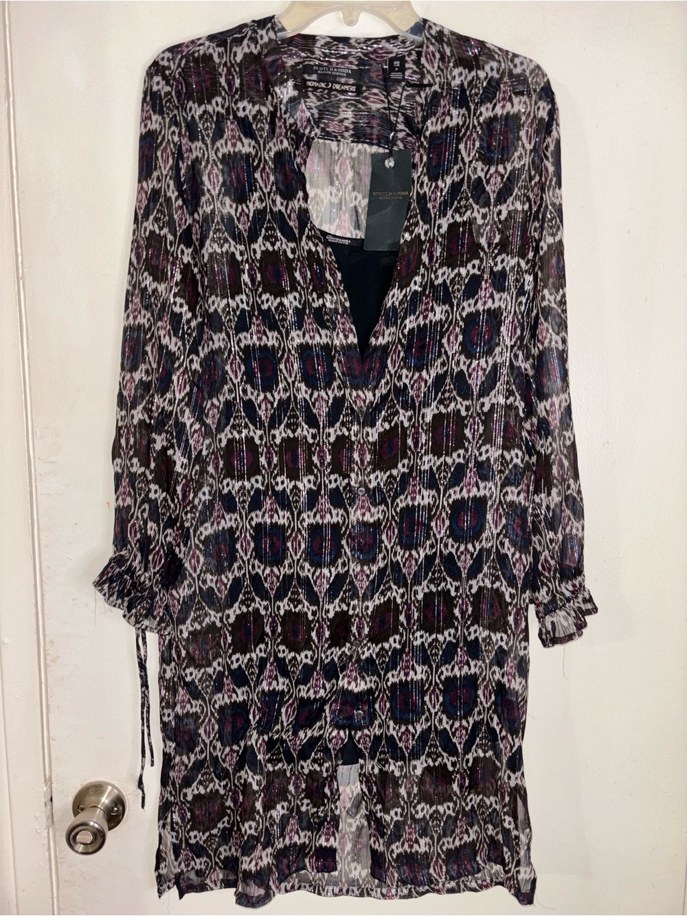 Scotch & Soda Black, Purple & Pink Patterned Long Sleeve V-Neck Dress